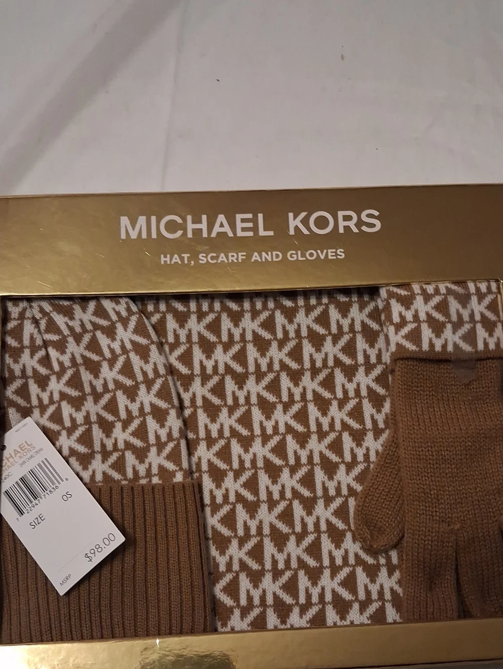 Michael Kors Tan and White MK Logo Knit Hat, Scarf & Gloves Set